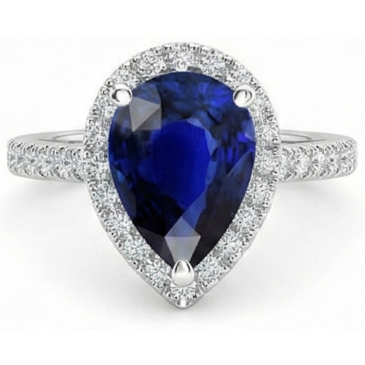 Poire Halo Gemme Bague Saphir Bleu Accents Diamants Bijoux 5 Carats