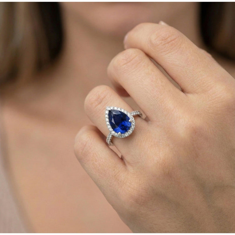 Poire Halo Gemme Bague Saphir Bleu Accents Diamants Bijoux 5 Carats