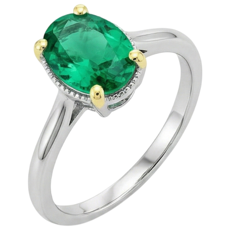 Émeraude Colombienne Taille Ovale Bague Pierre de Couleur en Or Bicolore 14 Carats – vue d'angle