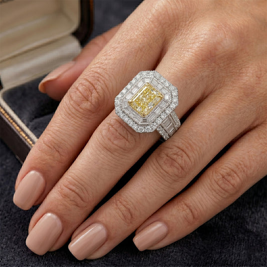 Premium Bague Halo avec Diamant Jaune Canari Pavé – 2 carats