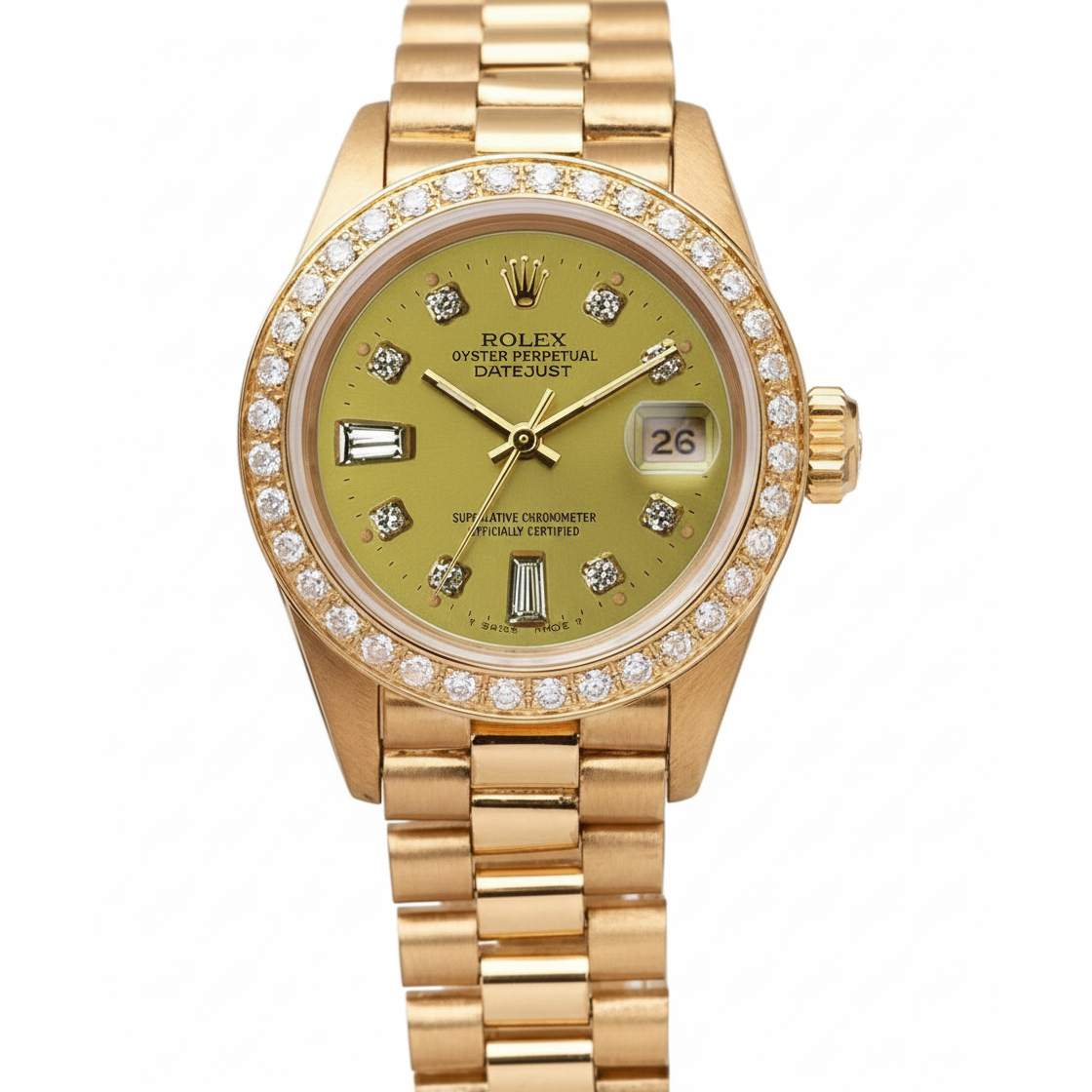 Président Champagne Cadran Diamant Lunette Montre Rolex Datejust or jaune