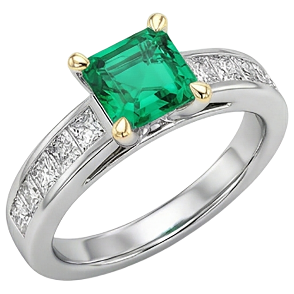 Asscher Émeraude Colombienne bague en Or Deux Tons 14 Carats – vue de face