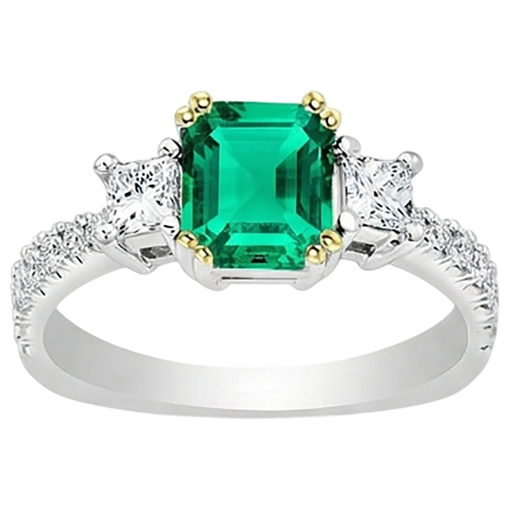 Émeraude Fine Taille à Degrés Bague Pierre Précieuse en Or Deux Tons 14 Carats – vue de face