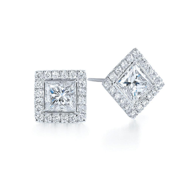 Princess & Round 5 Carats Véritable Diamond Stud Halo Boucles D'Oreilles Or Blanc 14K