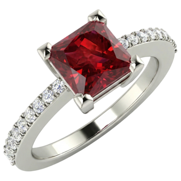 Princesse Et Coupe Ronde 3.45 Ct. Bague Rubis Et Diamants Naturels Extraits des Mines ( et non cultivés en laboratoire ) Or Blanc 14K