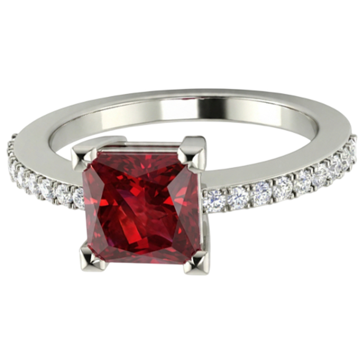 Princesse Et Coupe Ronde 3.45 Ct. Bague Rubis Et Diamants Naturels Extraits des Mines ( et non cultivés en laboratoire ) Or Blanc 14K