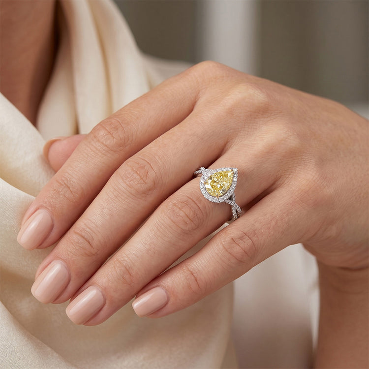 Pureté VVS Bague Halo – Diamant Canari 1,50 carats Or Deux Tons