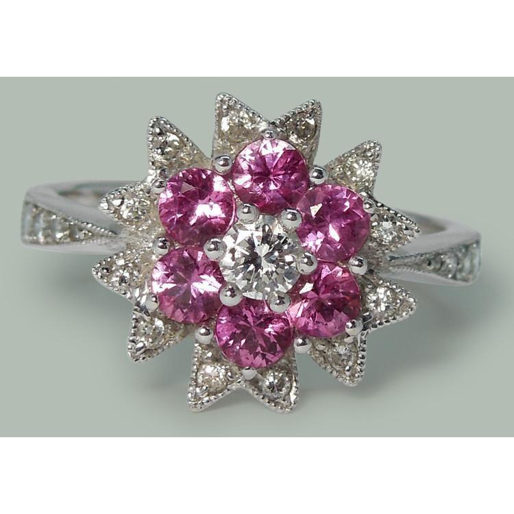 Réel Diamants & Saphirs Roses 1.15 Ct. Bague Style Fleur Or Blanc 14K