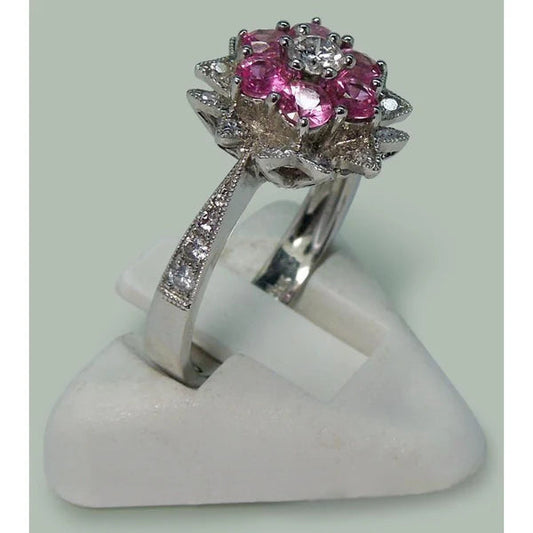 Réel Diamants & Saphirs Roses 1.15 Ct. Bague Style Fleur Or Blanc 14K
