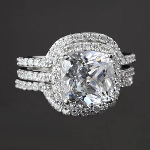 Réel Ensemble De Bagues De Fiançailles Anniversaire 5 Carats Taille Coussin En Or Blanc 14K