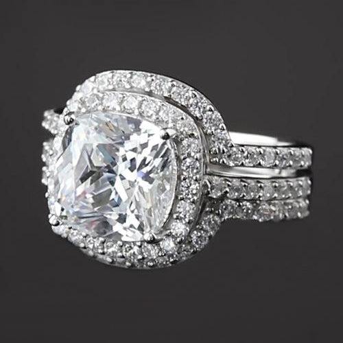 Réel Ensemble De Bagues De Fiançailles Anniversaire 5 Carats Taille Coussin En Or Blanc 14K