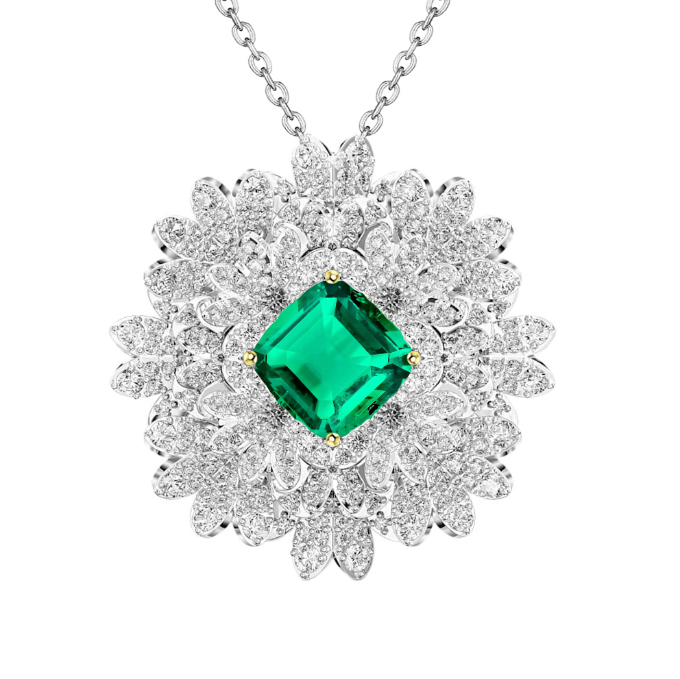 Émeraude Colombienne Taille Coussin Pendentif Gemme en Or Deux Tons 14 Carats – vue principale