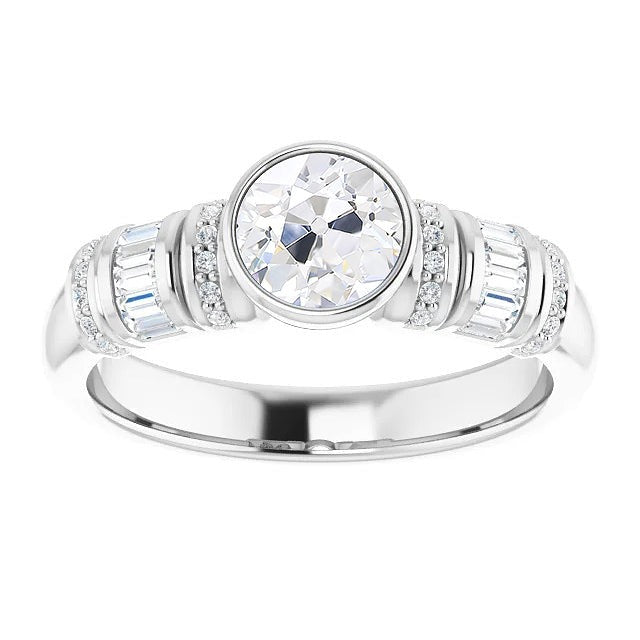 Réel Alliance Baguette & Diamant Rond Taille Vieille Mine Serti 6 Carats