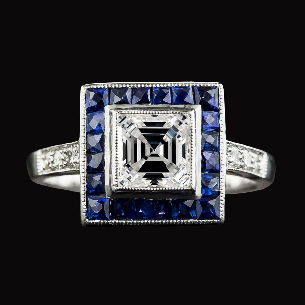 Réel Bague Halo Asscher Diamants & Saphirs Bleus Trapèze Or 5 Carats