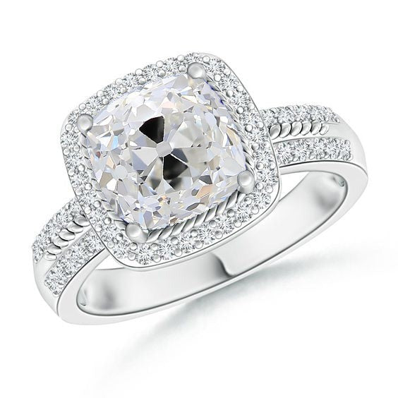 Réel Bague Halo Diamant pour Femme Taille Coussin Vieux mineur 3.50 Carats Or Blanc