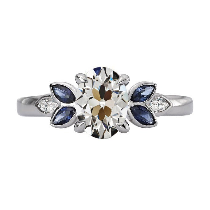 Réel Bague Ovale Diamant Taille Ancienne & Saphirs Bleu Marquise 6.50 Carats