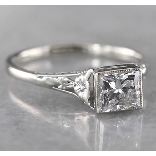 Réel Bague diamant solitaire princesse 1 carat style fuselé en or blanc 14K