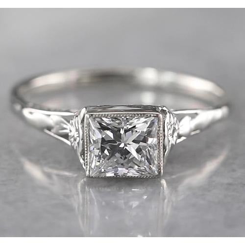 Réel Bague diamant solitaire princesse 1 carat style fuselé en or blanc 14K