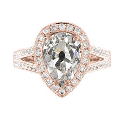 Réel Bague diamant taille ancienne poire halo tige fendue 3.50 carats or rose