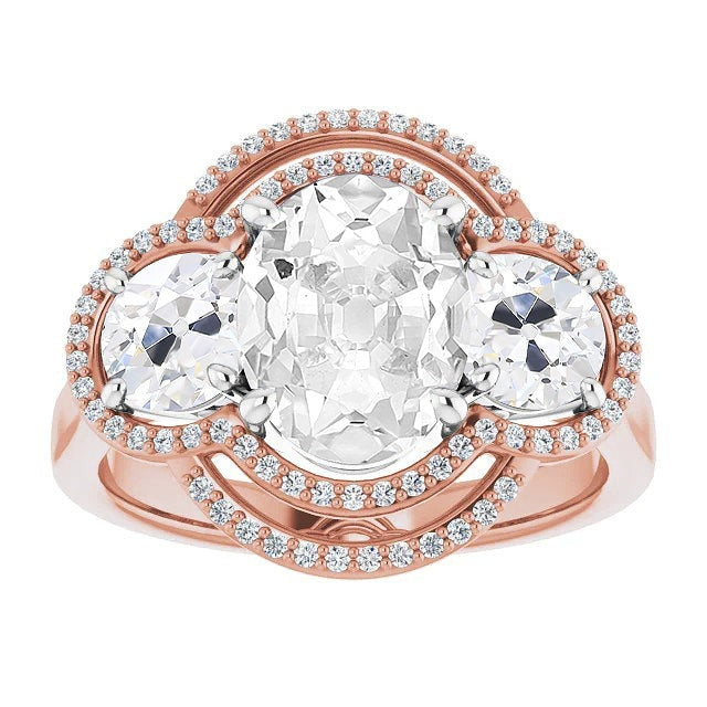Réel Bague diamant taille ovale Halo sertie de griffes de style 3 pierres 12.50 carats