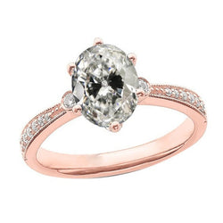 Réel Bague ovale diamant taille ancienne mine 6 griffes tige conique 4.50 carats