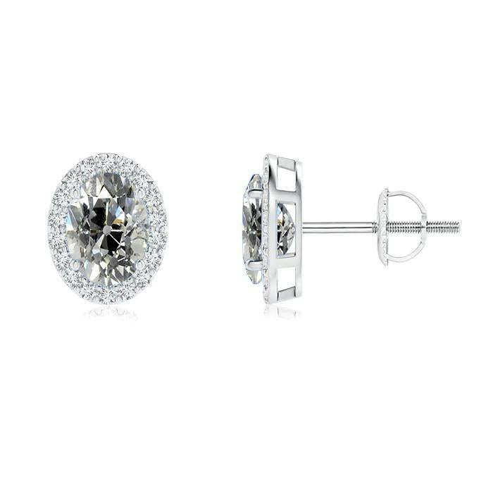 Réel Diamant Halo Studs Ovale Old European 6 Carats Fond Vissé Or Blanc