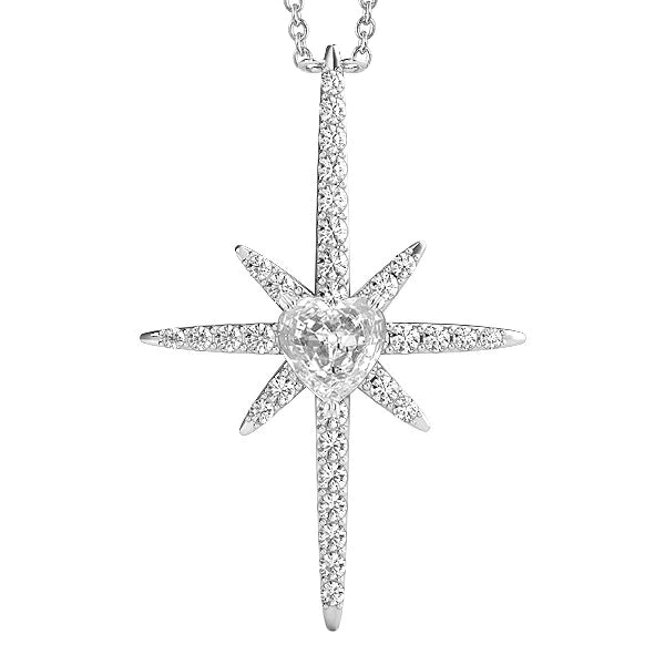 Réel Diamant rond et taille coeur en pendentif de style croix