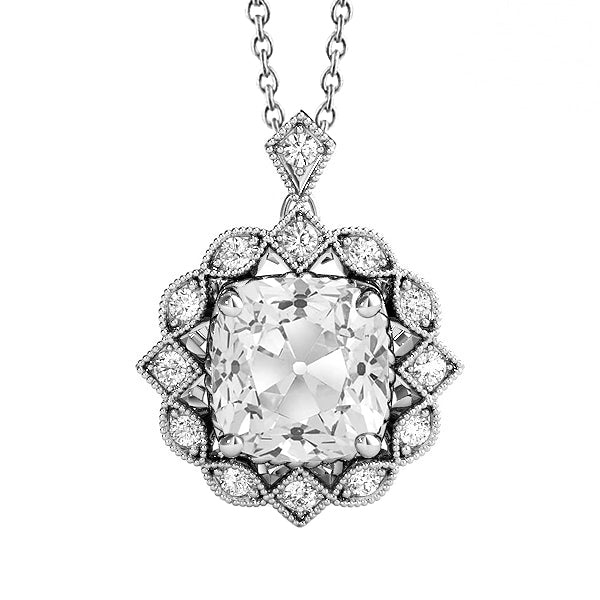 Réel Diamant rond et taille coussin pendentif halo de style vintage