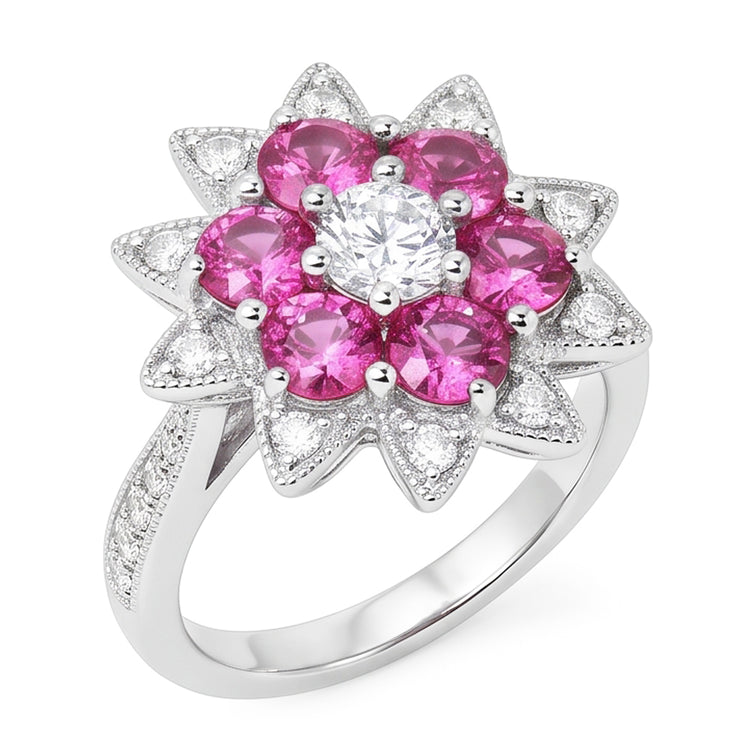 Réel Diamants Naturels Extraits des Mines ( et non cultivés en laboratoire ) & Saphirs Roses 1.15 Ct. Bague Style Fleur Or Blanc 14K