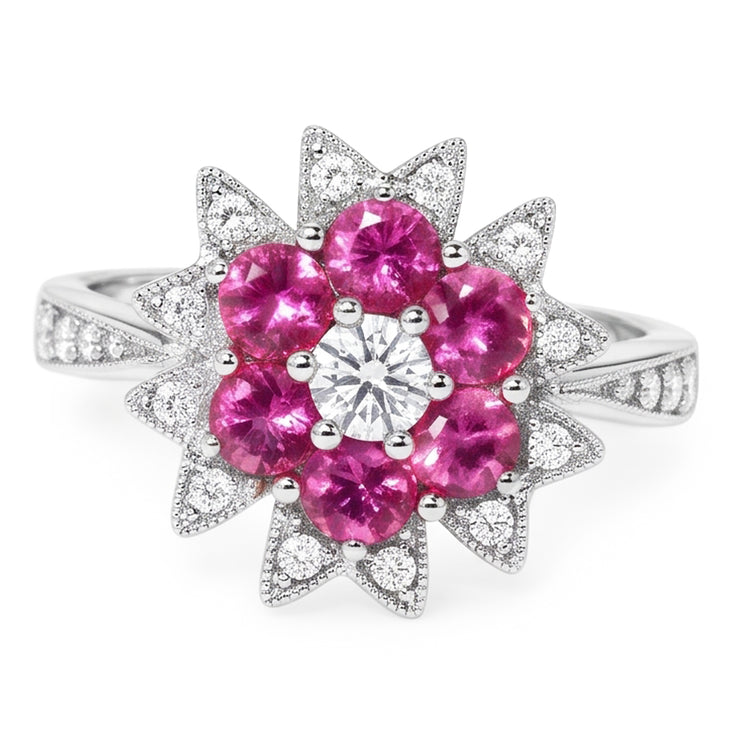 Réel Diamants Naturels Extraits des Mines ( et non cultivés en laboratoire ) & Saphirs Roses 1.15 Ct. Bague Style Fleur Or Blanc 14K