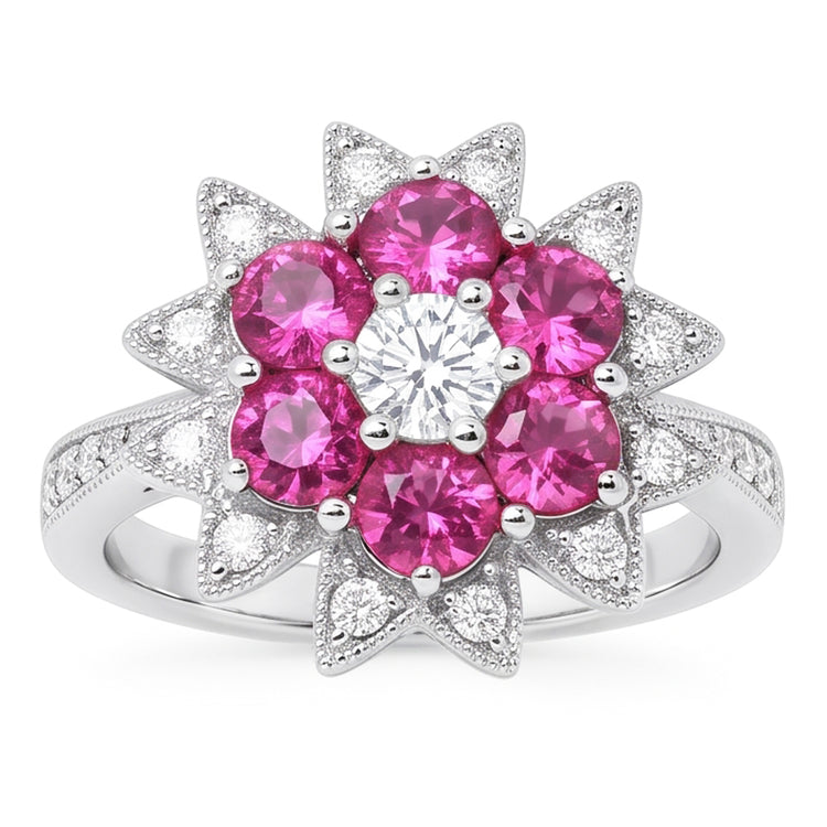 Réel Diamants Naturels Extraits des Mines ( et non cultivés en laboratoire ) & Saphirs Roses 1.15 Ct. Bague Style Fleur Or Blanc 14K