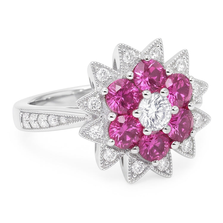 Réel Diamants Naturels Extraits des Mines ( et non cultivés en laboratoire ) & Saphirs Roses 1.15 Ct. Bague Style Fleur Or Blanc 14K