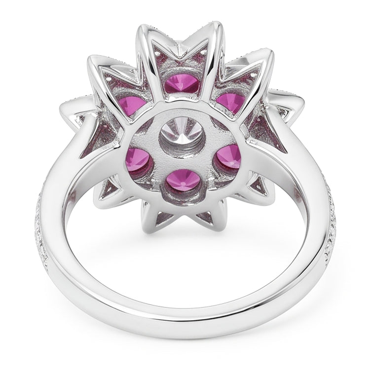 Réel Diamants Naturels Extraits des Mines ( et non cultivés en laboratoire ) & Saphirs Roses 1.15 Ct. Bague Style Fleur Or Blanc 14K