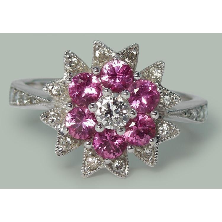 Réel Diamants & Saphirs Roses 1.15 Ct. Bague Style Fleur Or Blanc 18K