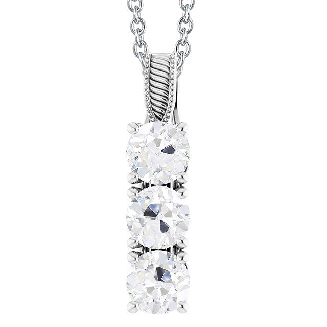 Réel Pendentif Diamant Rond Taille Vieille Trois Pierres 4.50 Carats Or Blanc