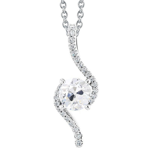 Réel Pendentif Diamant Rond Vieux Mineur Or Blanc 14K Avec Chaîne 3 Carats