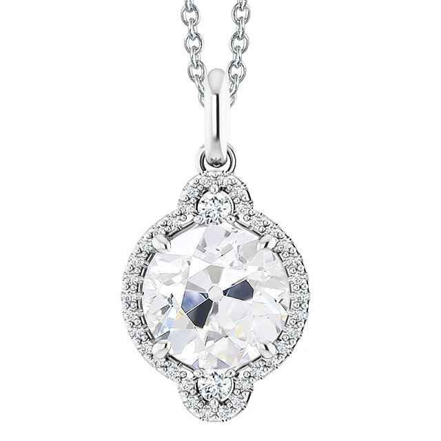 Réel Pendentif Halo Diamant Rond Taille Vieille Mine 5 Carats Or Blanc 14K