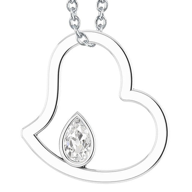 Réel Pendentif or blanc diamant serti clos poire taille ancienne 1 carat en forme de coeur