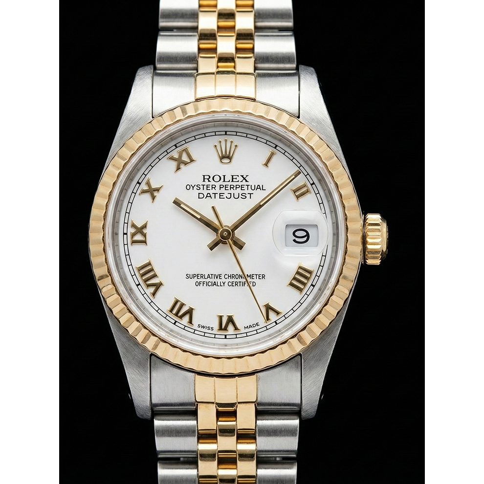 Regarder-bracelet bicolore Rolex acier inoxydable 31 mm de taille moyenne avec cadran romain blanc