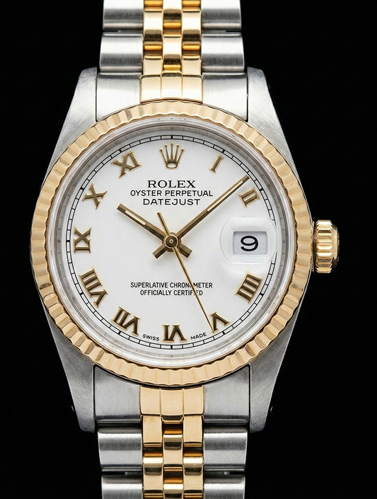 Regarder-bracelet bicolore Rolex acier inoxydable 31 mm de taille moyenne avec cadran romain blanc