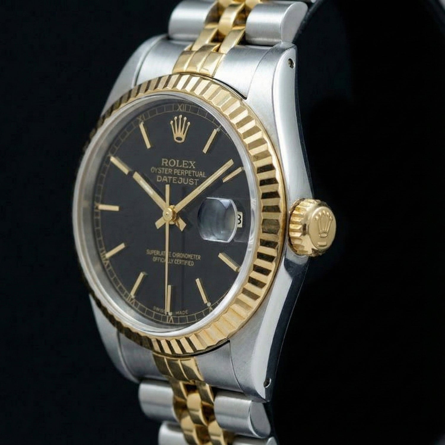 Regarder Datejust Dame Rolex Cadran Bâton Noir acier inoxydable & Or Jaune