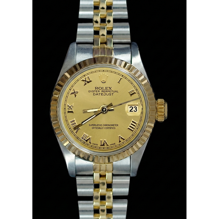 Regarder Datejust Rolex dame acier inoxydable & Or jubilé Champagne Cadran Romain
