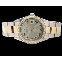 Regarder Datejust à cadran romain gris Rolex acier inoxydable et lunette en diamant doré à réglage rapide