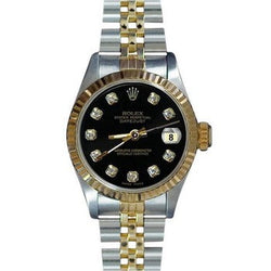 Regarder Datejust cannelée en acier inoxydable et or pour femme avec cadran en diamant noir Rolex