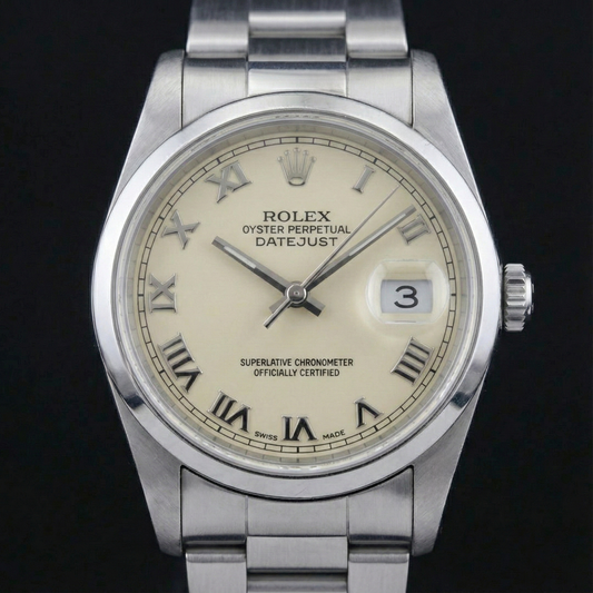 Regarder Rolex Datejust Cadran romain Lunette lisse en acier inoxydable de taille moyenne
