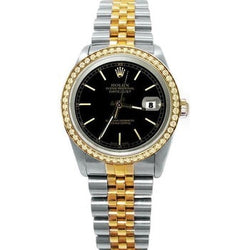 Regarder Rolex Datejust pour homme, cadran bâton noir, lunette diamantée, deux tons