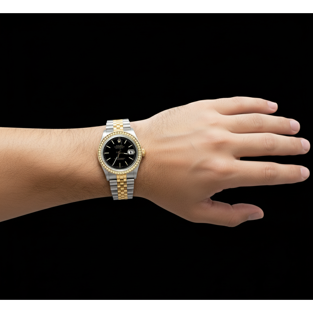 Regarder Rolex Datejust pour homme, cadran bâton noir, lunette diamantée, deux tons