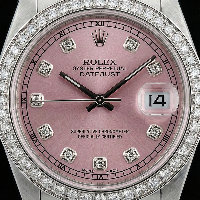 Regarder Rolex acier inoxydable Jubilé de taille moyenne avec cadran en diamant rose et lunette