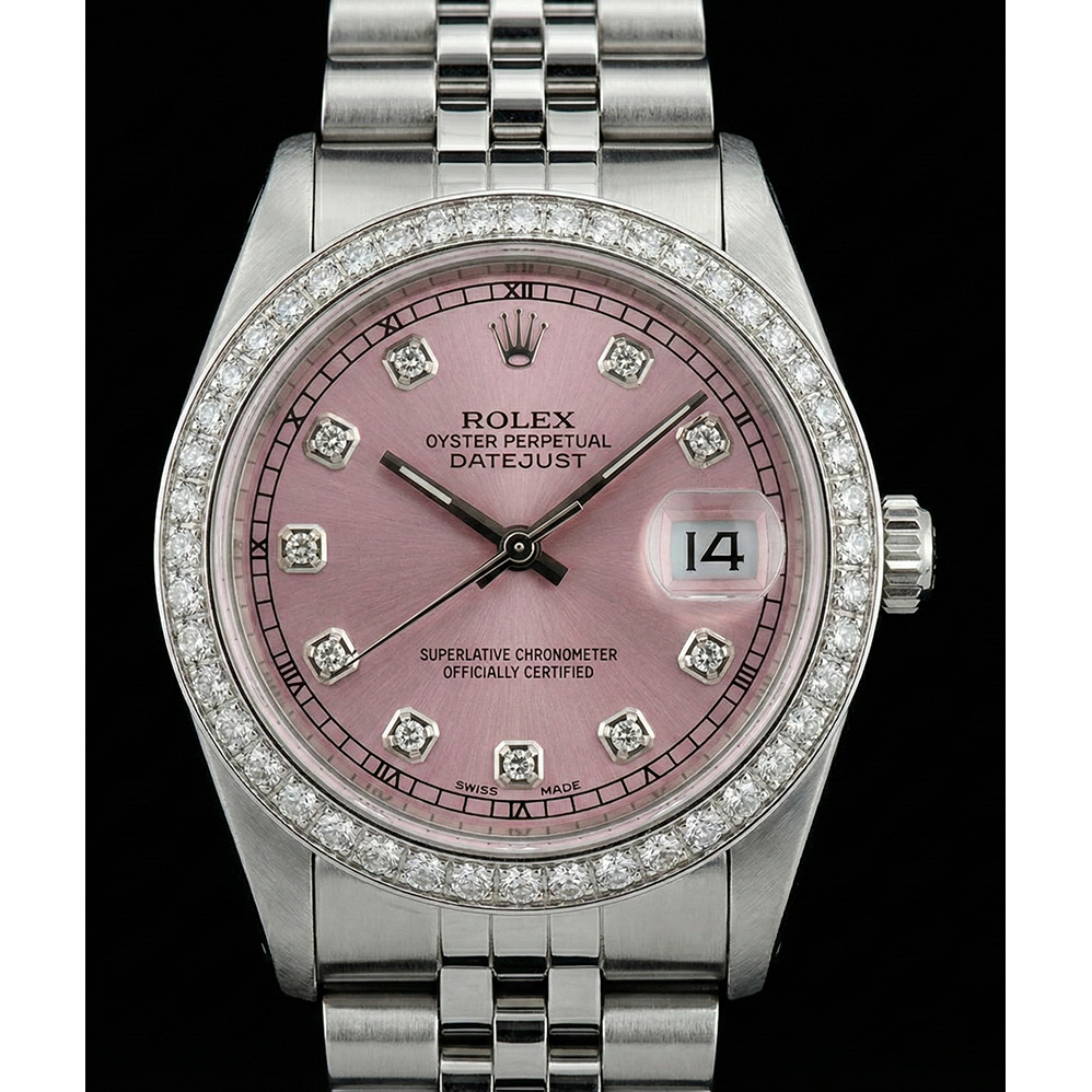 Regarder Rolex acier inoxydable Jubilé de taille moyenne avec cadran en diamant rose et lunette