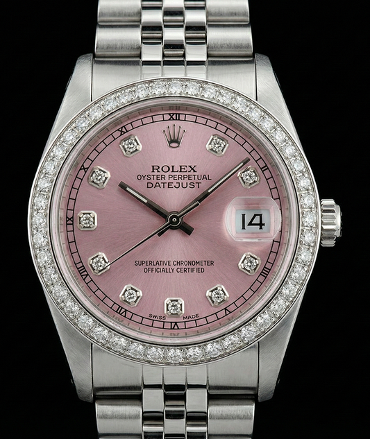 Regarder Rolex acier inoxydable Jubilé de taille moyenne avec cadran en diamant rose et lunette